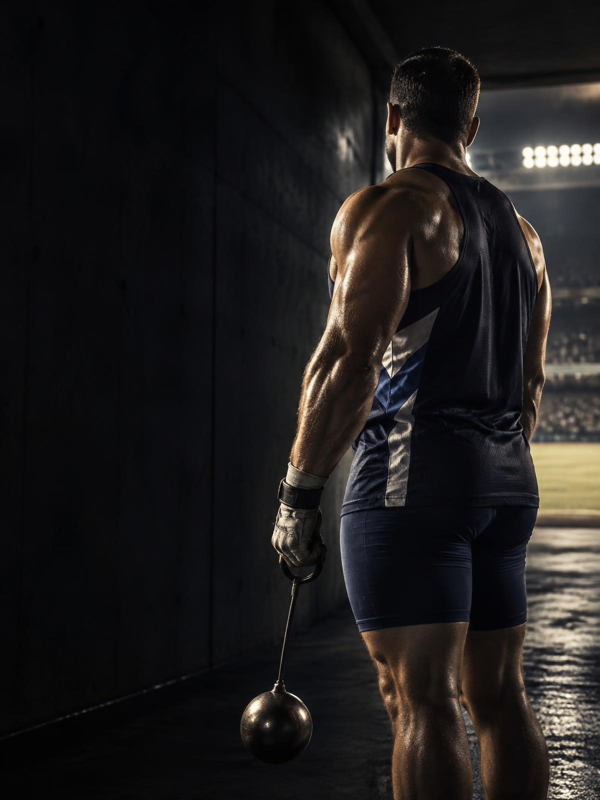 Elite hammer throw athlete entering the arena